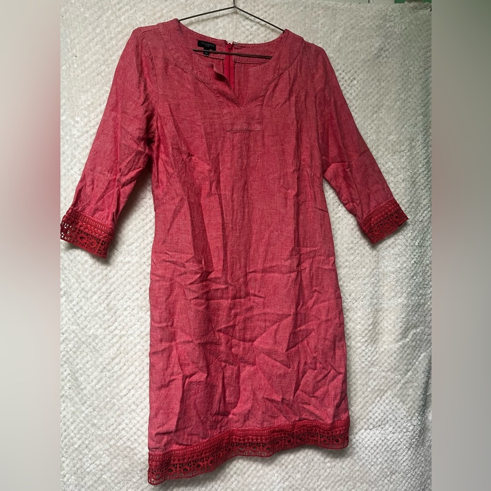 Talbots Linen Dress Tunic Lace Accents Split Neckline Classic 3/4 Sleeves 4P